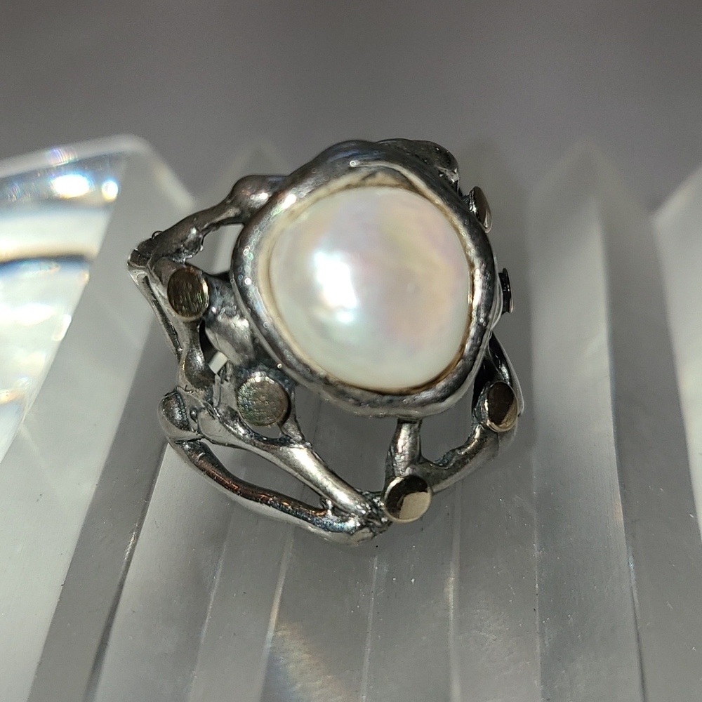 Sterling silver and pearl ring * an unusual beauty!  Size 7 3/4 approx - Picture 3 of 8